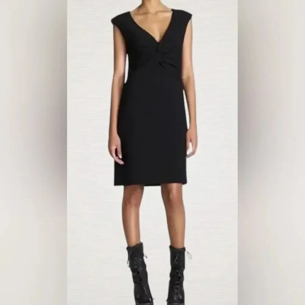 TORY BURCH Patrice Wool Crepe Dress Black Sheath Sleeveless Twist Front V neck 8